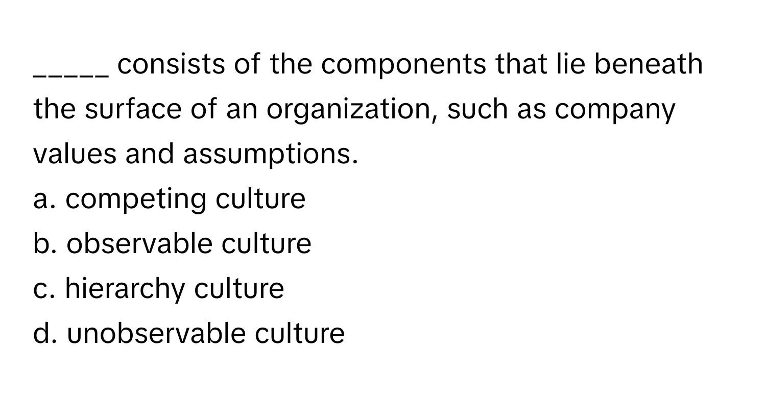 consists of the components that lie beneath the surface of an organization, such as company values and assumptions.

a. competing culture
b. observable culture
c. hierarchy culture
d. unobservable culture