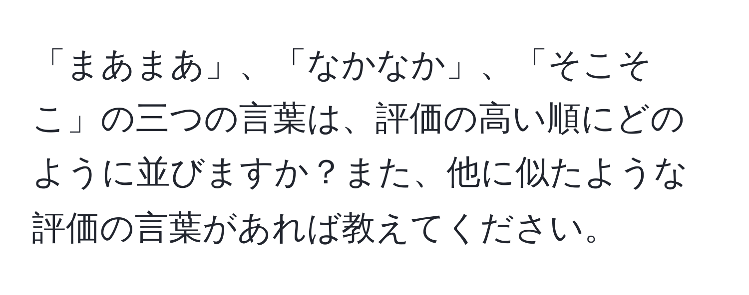 「まあまあ」、「なかなか」、「そこそこ」の三つの言葉は、評価の高い順にどのように並びますか？また、他に似たような評価の言葉があれば教えてください。