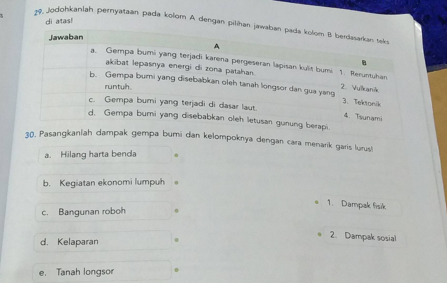 di atas! 
29, Jodohkanlah pernyataan pada kolom A dengan pilihan 
30. Pasangkanlah dampak gempa bumi dan kelompoknya dengan cara menarik garis lurus! 
a. Hilang harta benda 
b. Kegiatan ekonomi lumpuh 
1. Dampak fisik 
c. Bangunan roboh 
d. Kelaparan 
2. Dampak sosial 
e. Tanah longsor