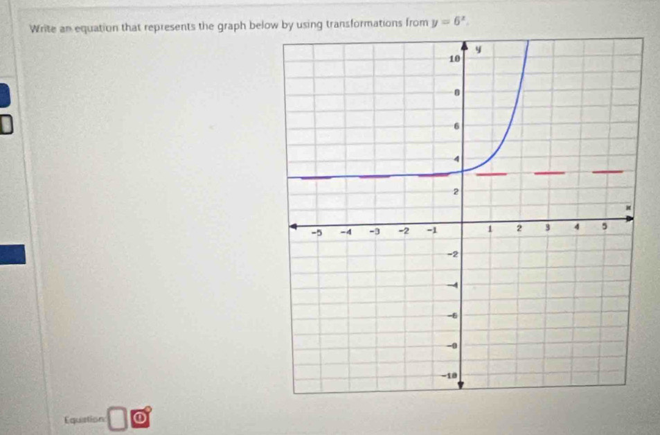 Write an equation that represents the graph below by using transformations from y=6^x. 
Equiation