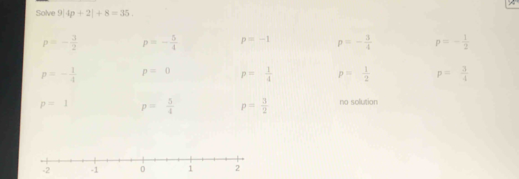 Solve 9 4p+2|+8=35
p=- 3/2  p=- 5/4  p=-1 p=- 3/4  p=- 1/2 
p=- 1/4  p=0 p= 1/4  p= 1/2  p= 3/4 
p=1 no solution
p= 5/4  p= 3/2 
-2 -1 0 1 2