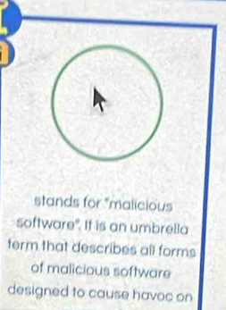 stands for "malicious 
software". It is an umbrella 
term that describes all forms 
of malicious software 
designed to cause havoc on