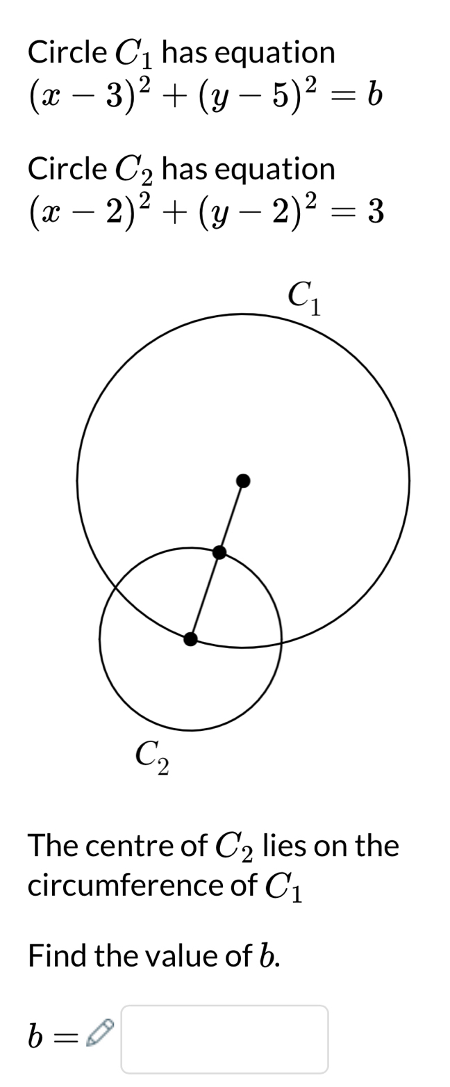 Circle C_1 has equation
(x-3)^2+(y-5)^2=b
Circle C_2 has equation
(x-2)^2+(y-2)^2=3
The centre of C_2 lies on the
circumference of C_1
Find the value of b.
b=□ x_frac |^2()^()