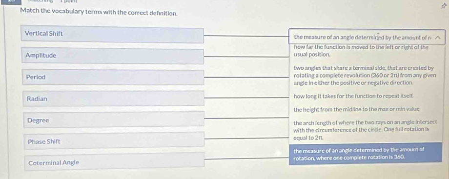 Match the vocabulary terms with the correct defnition.
Vertical Shift the measure of an angle determined by the amount of n ^
how far the function is moved to the left or right of the
Amplitude usual position.
two angles that share a terminal side, that are created by
Period rotating a complete revolution (360 or 2π) from any given
angle in either the positive or negative direction.
Radian how long it takes for the function to repeat itself.
the height from the midline to the max or min value
Degree the arch length of where the two rays on an angle intersect
with the circumference of the circle. One full rotation is
Phase Shift equal to 2π.
the measure of an angle determined by the amount of
Coterminal Angle rotation, where one complete rotation is 360.