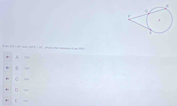 If arc SQ=84° and ∠ RPS=26° , what is the measure of arcRS.
≤slant x A 130°
B 136°
C 140°
D 144°
E 150°