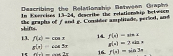 Describing the Relationship Between Graphs 
In Exercises 13-24, describe the relationship between 
the graphs of f and g. Consider amplitude, period, and 
shifts. 
13. f(x)=cos x 14. f(x)=sin x
g(x)=cos 5x g(x)=2sin x
15 f(x)=cos 2x 16. f(x)=sin 3x