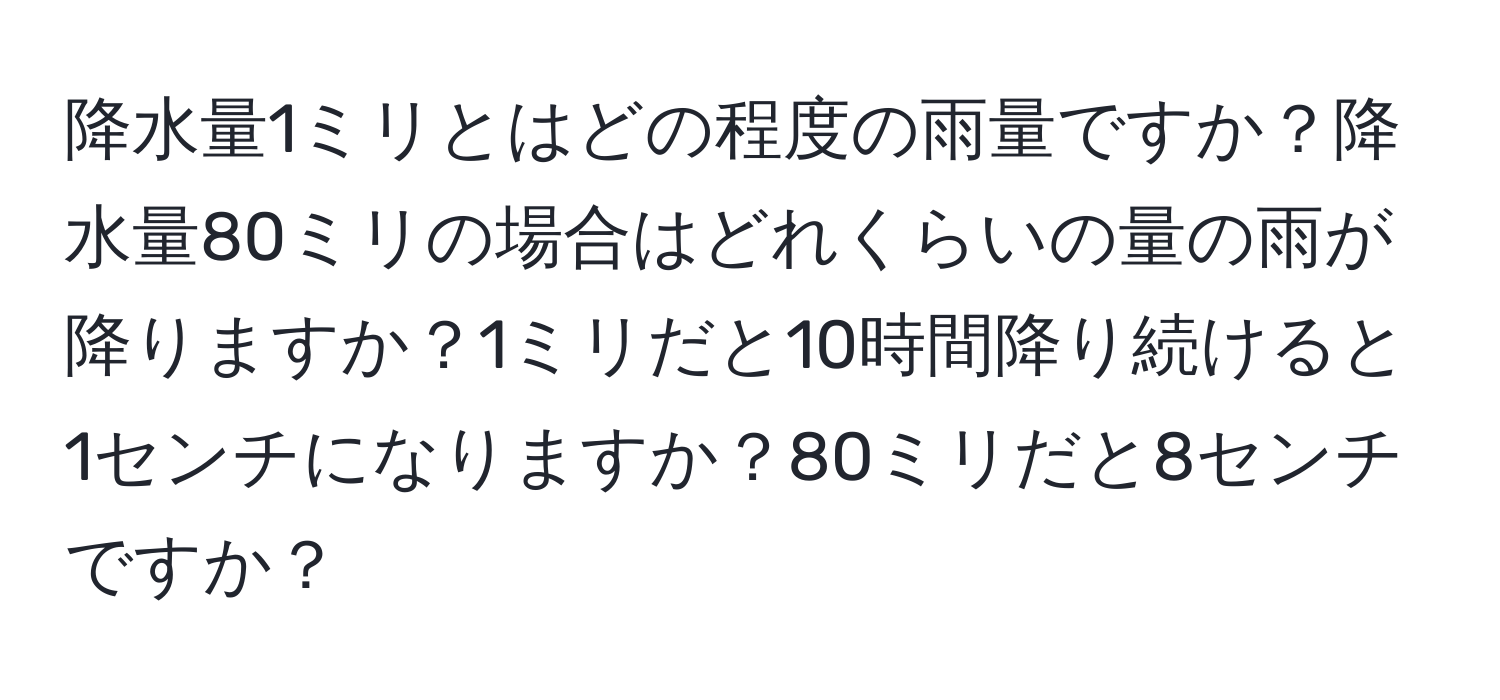 降水量1ミリとはどの程度の雨量ですか？降水量80ミリの場合はどれくらいの量の雨が降りますか？1ミリだと10時間降り続けると1センチになりますか？80ミリだと8センチですか？