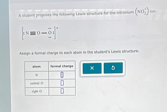 A student proposes the following Lewis structure for the nitronium (NO_2^(+) ion.
[:Nequiv 0-overset .).]^+
Assign a formal charge to each atom in the student's Lewis structure.
×