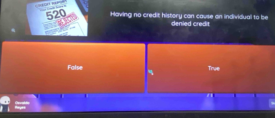 CREDIT REPORT Your Crean Soors is
520 Having no credit history can cause an individual to be
denied credit
False True
Reyes Osvaldo