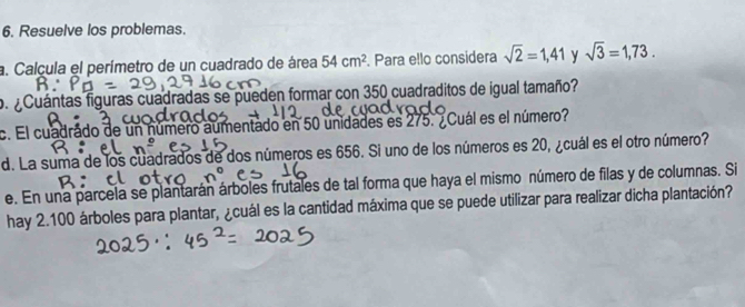 Resuelve los problemas. 
a. Calçula el perímetro de un cuadrado de área 54cm^2. Para ello considera sqrt(2)=1,41 y sqrt(3)=1,73. 
o Cuántas figuras cuadradas se pueden formar con 350 cuadraditos de igual tamaño? 
c. El cuadrado de un número aúmentado en 50 unidades es 275. ¿Cuál es el número? 
d. La suma de los cuadrados de dos números es 656. Si uno de los números es 20, ¿cuál es el otro número? 
e. En una parcela se plantarán árboles frutales de tal forma que haya el mismo número de filas y de columnas. Si 
hay 2.100 árboles para plantar, ¿cuál es la cantidad máxima que se puede utilizar para realizar dicha plantación?