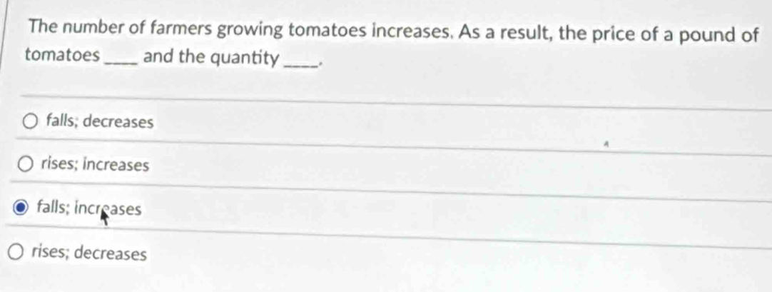 The number of farmers growing tomatoes increases. As a result, the price of a pound of
tomatoes_ and the quantity_ .
falls, decreases
rises; increases
falls; increases
rises; decreases