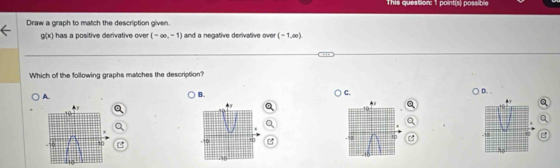 This question: 1 point(s) possible
Draw a graph to match the description given.
g(x) has a positive derivative over (-∈fty ,-1) and a negative derivative over (-1,∈fty ). 
Which of the following graphs matches the description?
A.
B.
C.
D. .
z