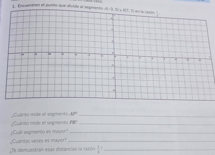 caua caso.
1. Encuentren el punto que divide al segmento
¿Cuánto mide el segmento AP?_
¿Cuánto mide el segmento PB?_
¿Cuál segmento es mayor?_
¿Cuántas veces es mayor?_
¿Te demuestran esas distancias la razón  1/3  ?_