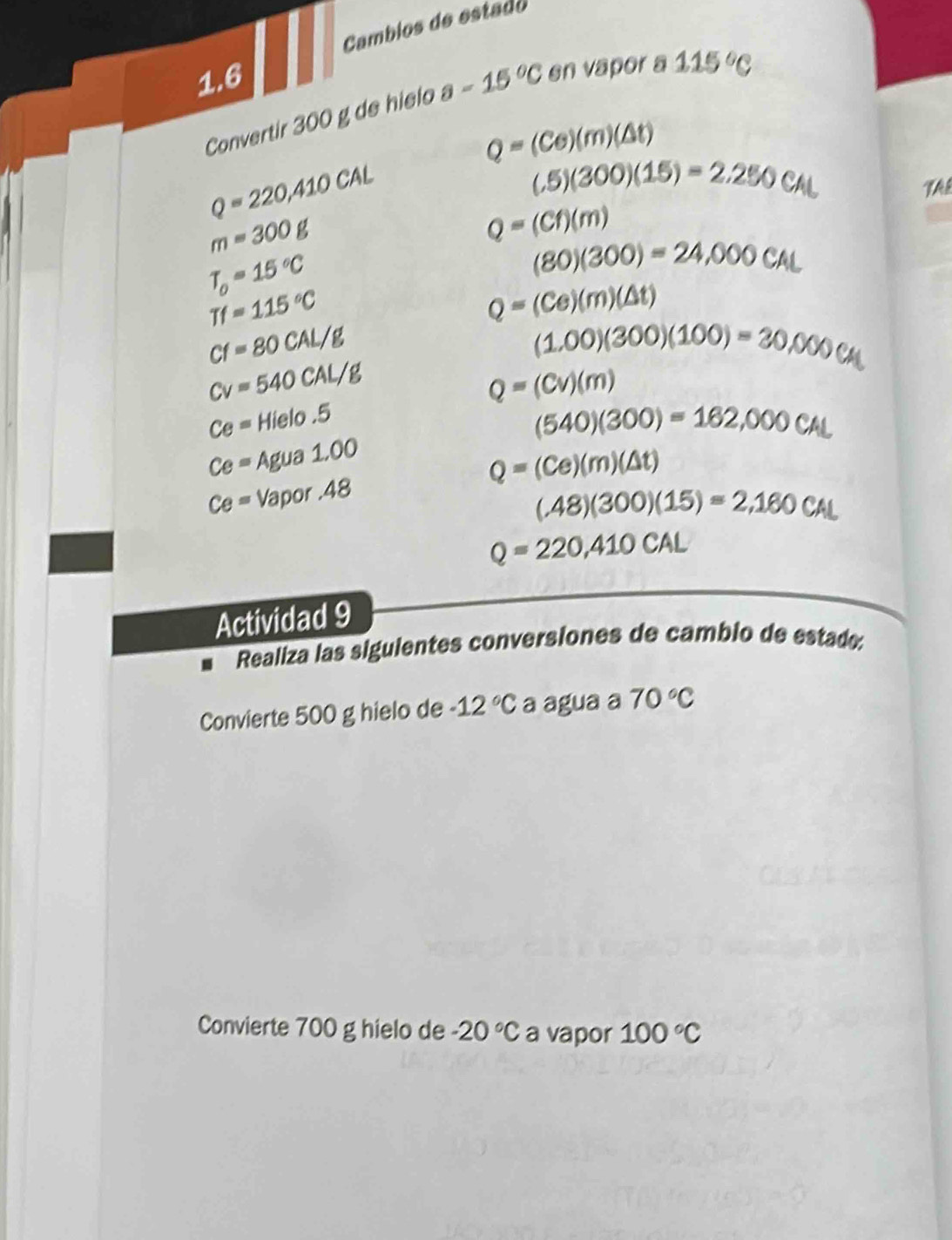 Cambios de estado 
1.6 
Convertir 300 g de hielo a-15°C en vapor a 115°C
Q=(Ce)(m)(△ t)
Q=220,410CAL
(.5)(300)(15)=2.250CAL
TAE
m=300g
Q=(Cf)(m)
T_0=15°C
(80)(300)=24,000CAL
Tf=115°C
Q=(Ce)(m)(△ t)
Cf=80CAL/g
(1.00)(300)(100)=30,000cm
Cv=540CAL/g
Q=(Cv)(m)
Ce=Hielo.5
(540)(300)=162,000CAL
Ce=Agua1.00
Q=(Ce)(m)(△ t)
Ce=Vapor.48
(,48)(300)(15)=2,160CAL
Q=220,410CAL
Actividad 9 
Realiza las siguientes conversiones de cambio de estado 
Convierte 500 g hielo de -12°C a agua a 70°C
Convierte 700 g hielo de -20°C a vapor 100°C