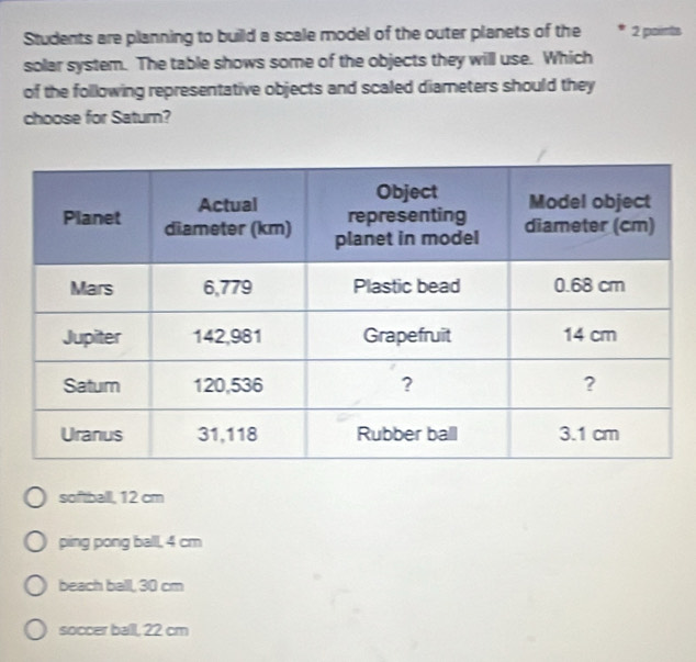 Students are planning to build a scale model of the outer planets of the * 2 points
solar system. The table shows some of the objects they will use. Which
of the following representative objects and scaled diameters should they
choose for Saturn?
softball, 12 cm
ping pong ball, 4 cm
beach ball, 30 cm
soccer ball, 22 cm