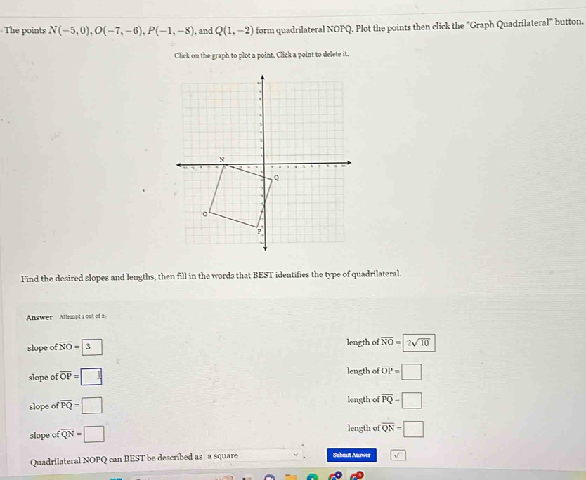 Solved: The points N(-5,0), O(-7,-6), P(-1,-8) , and Q(1,-2) form ...