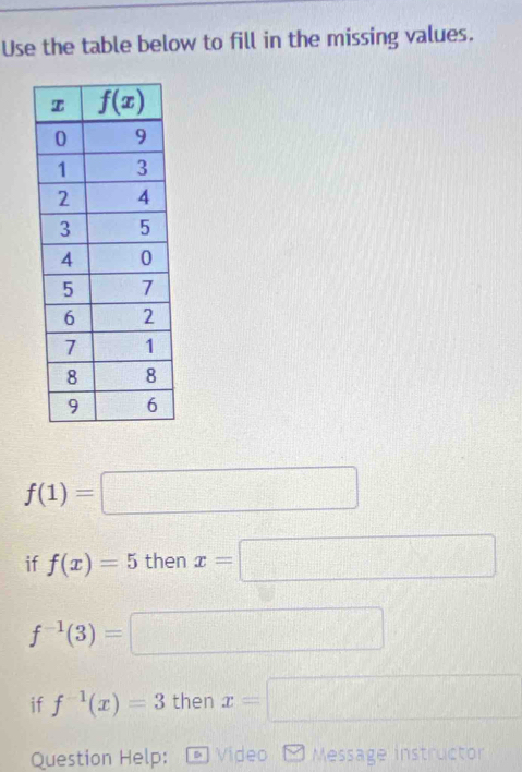 Use the table below to fill in the missing values.
f(1)=□
if f(x)=5 then x=□
f^(-1)(3)=□
if f^(-1)(x)=3 then x=□
Question Help: - Video Message instructor