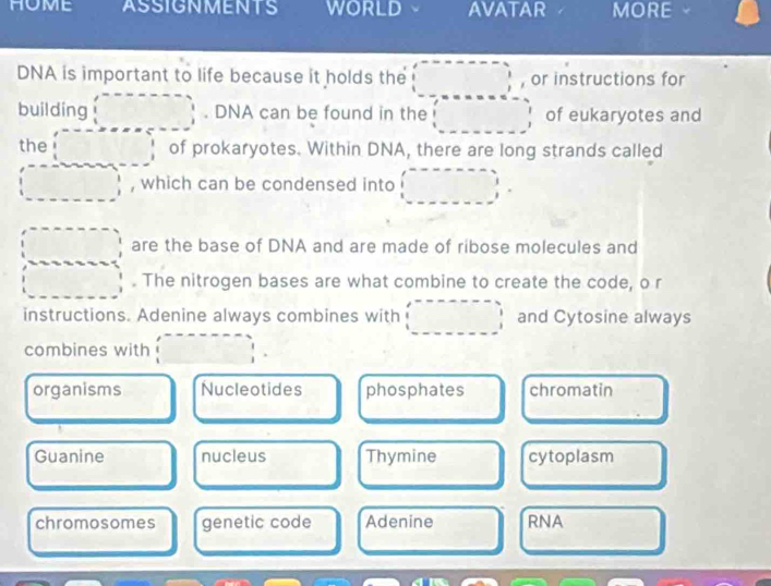 HOME ASSIGNMENTS wORLD AVATAR MORE
DNA is important to life because it holds the □ , or instructions for
building □. DNA can be found in the □ of eukaryotes and
the □ of prokaryotes. Within DNA, there are long strands called
□ , , which can be condensed into (□ , 
are the base of DNA and are made of ribose molecules and
beginarrayl ·s ·s  □ ·s  □ ·s  □ ). The nitrogen bases are what combine to create the code, o r
instructions. Adenine always combines with □ and Cytosine always
combines with □  1/1 . 
organisms Nucleotides phosphates chromatin
Guanine nucleus Thymine cytoplasm
chromosomes genetic code Adenine RNA