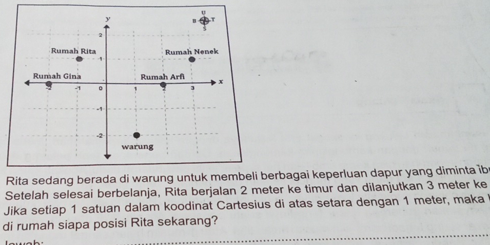 erbagai keperluan dapur yang diminta ib 
Setelah selesai berbelanja, Rita berjalan 2 meter ke timur dan dilanjutkan 3 meter ke 
Jika setiap 1 satuan dalam koodinat Cartesius di atas setara dengan 1 meter, maka 
di rumah siapa posisi Rita sekarang?