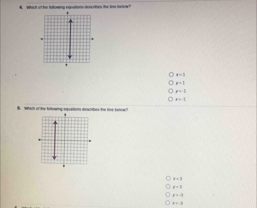Which of the following equations describes the line below?
x=1
y=1
y=-1
x=-1
5. Which of the following equations describes the line below?
x=3
y=3
y=-3
x=-3