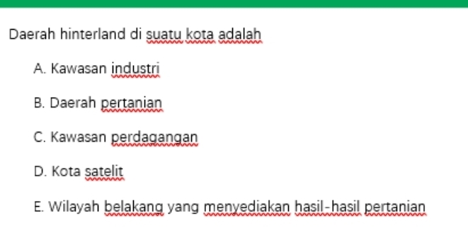 Daerah hinterland di suatu kota adalah
A. Kawasan industri
B. Daerah pertanian
C. Kawasan perdagangan
D. Kota satelit
E. Wilayah belakang yang menyediakan hasil-hasil pertanian