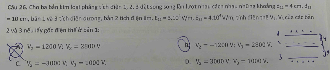 Cho ba bản kim loại phẳng tích điện 1, 2, 3 đặt song song lần lượt nhau cách nhau những khoảng d_12=4cm, d_23
=10cm , bản 1 và 3 tích điện dương, bản 2 tích điện âm. E_12=3.10^4V/m, E_23=4.10^4V/m , tính điện thế V_2, V_3 của các bản
2 và 3 nếu lấy gốc điện thế ở bản 1:
B
A V_2=1200 V; V_3=2800V. V_2=-1200V; V_3=2800V.
C. V_2=-3000V; V_3=1000V.
D. V_2=3000V; V_3=1000V.