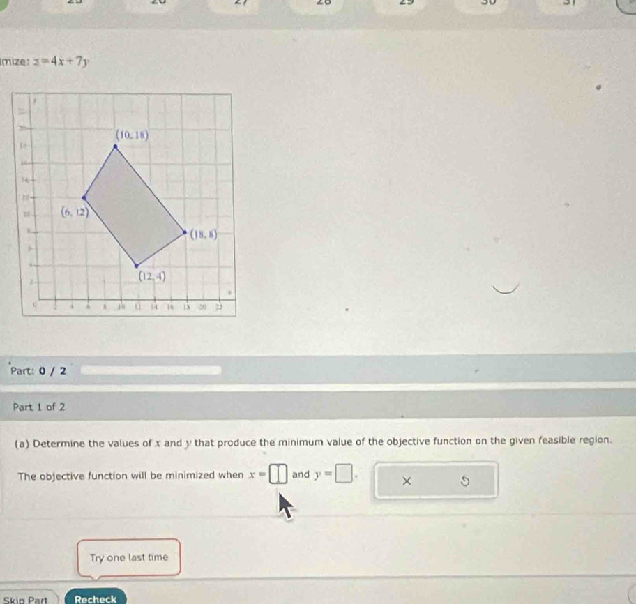 Imize: z=4x+7y
Part: 0 / 2
Part 1 of 2
(a) Determine the values of x and y that produce the minimum value of the objective function on the given feasible region.
The objective function will be minimized when x=□ and y=□ . ×
Try one last time
Skin Part Recheck