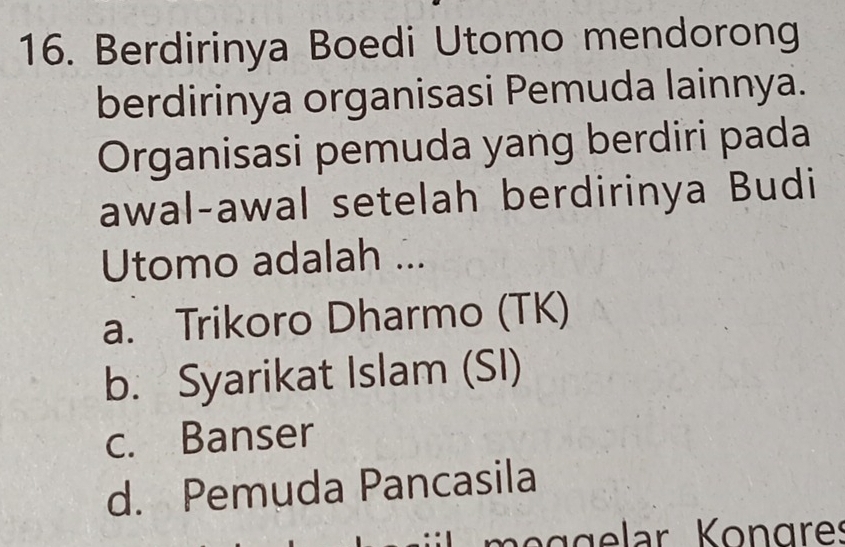 Berdirinya Boedi Utomo mendorong
berdirinya organisasi Pemuda lainnya.
Organisasi pemuda yang berdiri pada
awal-awal setelah berdirinya Budi
Utomo adalah ...
a. Trikoro Dharmo (TK)
b. Syarikat Islam (SI)
c. Banser
d. Pemuda Pancasila