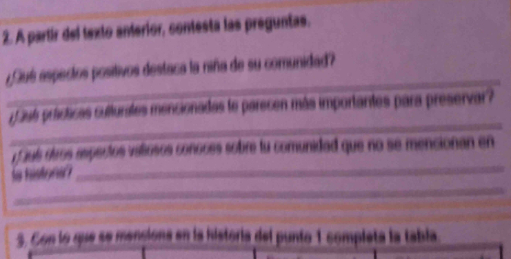 A partir del texto anterior, contesta las preguntas. 
_ 
¿ué espectos positivos destaca la niña de su comunidad? 
_ 
1 aut pricticas culturates mencionadas fe parecen más importantes para preservar? 
_ 
uí daos espectos valiosos conoces sobre fu comunidad que no se mencionan en 
_ 
_ 
_ 
_ 
3. Con lo que se mencióna en la historía del punto 1 completa la tabla