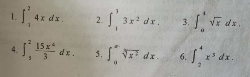 ∈t _1^(24xdx. 2. ∈t _1^33x^2)dx. 3. ∈t _0^(4sqrt x)dx. 
4. ∈t _5^(2frac 15x^4)3dx. 5. ∈t _0^((a·)sqrt[3](x^2))dx. 6. ∈t _2^(4x^3)dx.