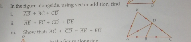 In the figure alongside, using vector addition, find 
i. vector AB+vector BC+vector CD
ii. vector AB+vector BC+vector CD+vector DE
iii. Show that; vector AC+vector CD=vector AB+vector BD
0 
In the figure alongside.