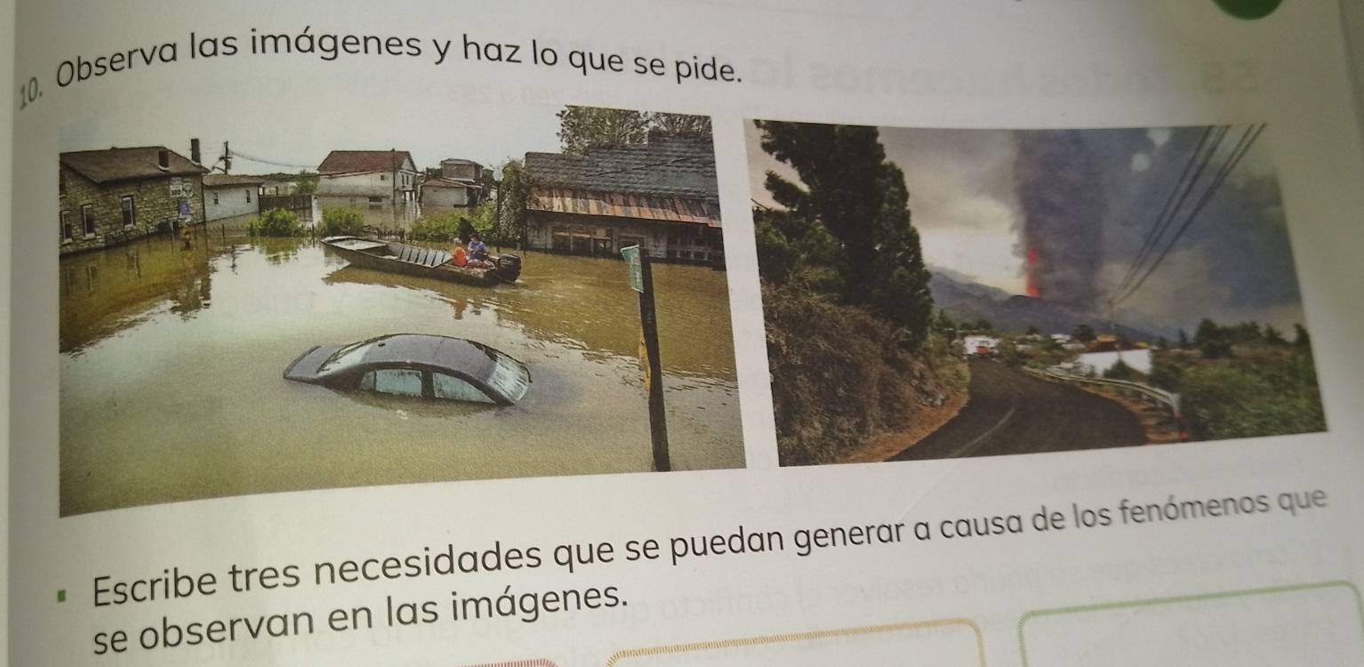 Observa las imágenes y haz lo que se pide. 
Escribe tres necesidades que se puedan generar a causa 
se observan en las imágenes.