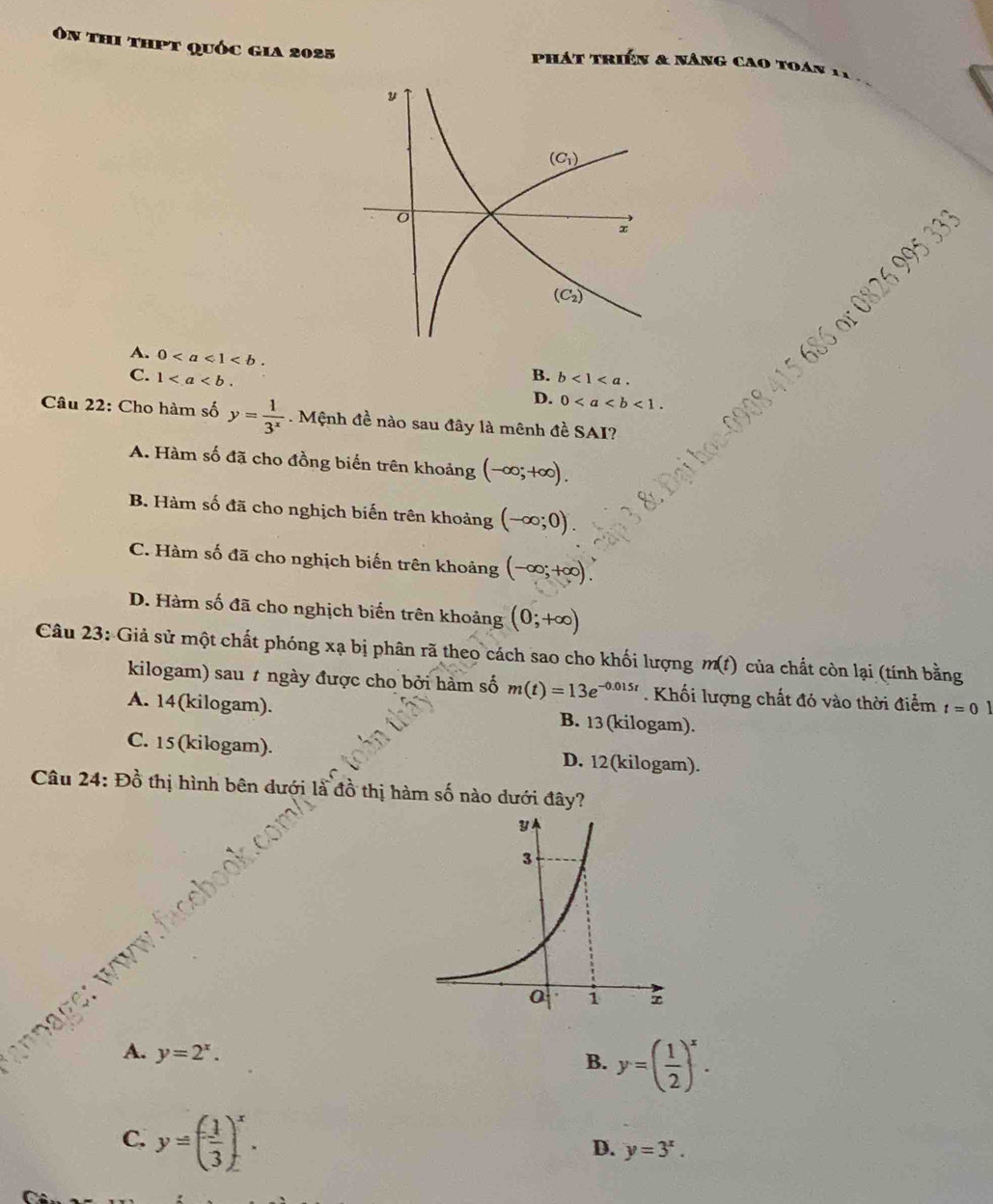 On thi thpt quốc gia 2025  phát triển & nâng cao toán 1,
A. 0
C. 1 B. b<1<a.
D. 0<1.
Câu 22: Cho hàm số y= 1/3^x . Mệnh đề nào sau đây là mênh đề SAI?
A. Hàm số đã cho đồng biển trên khoảng (-∈fty ;+∈fty ).
B. Hàm số đã cho nghịch biến trên khoảng (-∈fty ;0).
C. Hàm số đã cho nghịch biến trên khoảng (-∈fty ;+∈fty )
D. Hàm số đã cho nghịch biến trên khoảng (0;+∈fty )
Câu 23: Giả sử một chất phóng xạ bị phân rã theo cách sao cho khối lượng m(t) của chất còn lại (tính bằng
kilogam) sau # ngày được cho bởi hàm số m(t)=13e^(-0.015t). Khối lượng chất đó vào thời điểm t=01
A. 14(kilogam). B. 13 (kilogam).
C. 15(kilogam). D. 12(kilogam).
Câu 24:E Đồ thị hình bên dưới là đồ thị hàm số nào dưới đây?
g  e :  w WW
A. y=2^x.
B. y=( 1/2 )^x.
C. y=( 1/3 )^x.
D. y=3^x.