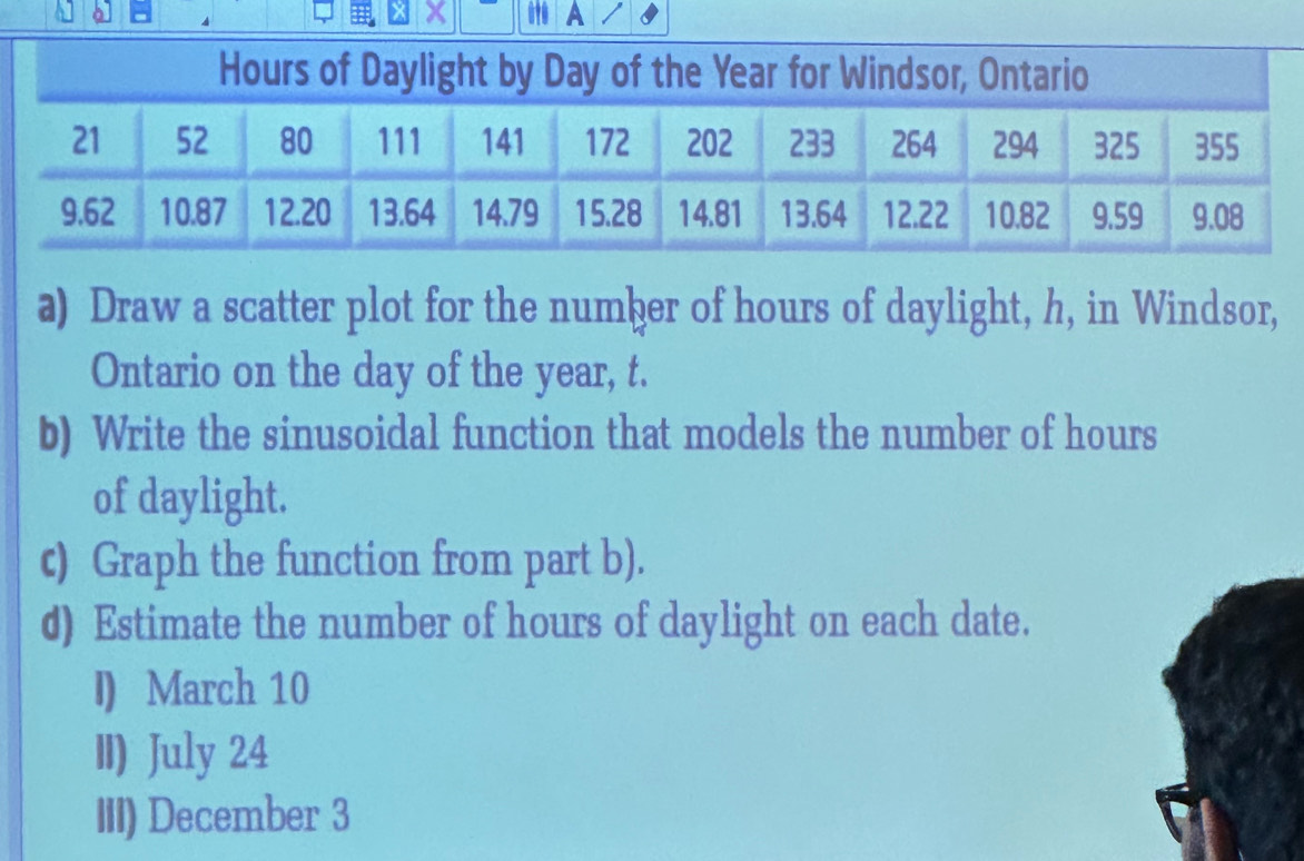 A 
a) Draw a scatter plot for the numþer of hours of daylight, h, in Windsor, 
Ontario on the day of the year, t. 
b) Write the sinusoidal function that models the number of hours
of daylight. 
c) Graph the function from part b). 
d) Estimate the number of hours of daylight on each date. 
I) March 10
II) July 24
III) December 3