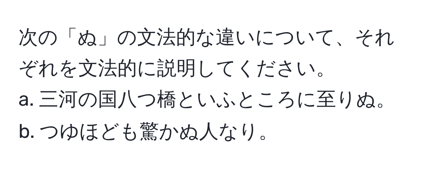 次の「ぬ」の文法的な違いについて、それぞれを文法的に説明してください。  
a. 三河の国八つ橋といふところに至りぬ。  
b. つゆほども驚かぬ人なり。