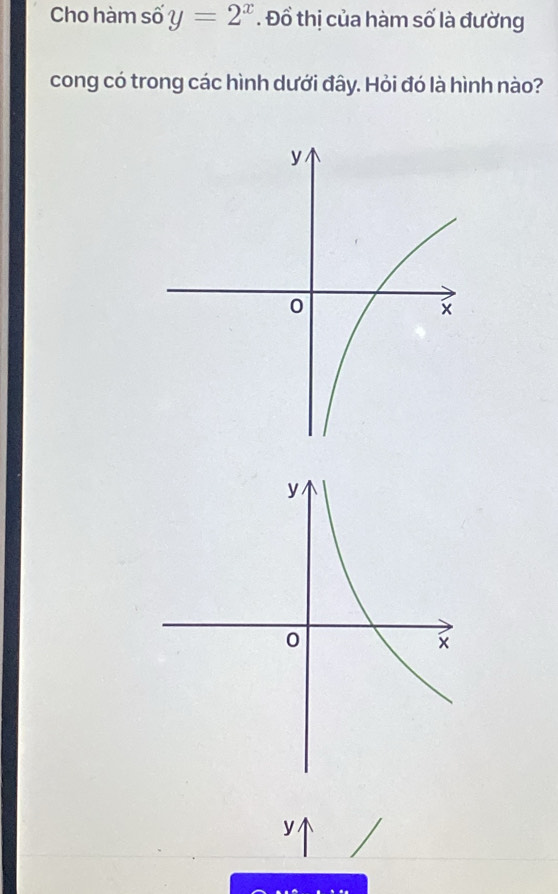 Cho hàm số y=2^x. Đổ thị của hàm số là đường 
cong có trong các hình dưới đây. Hỏi đó là hình nào?
y