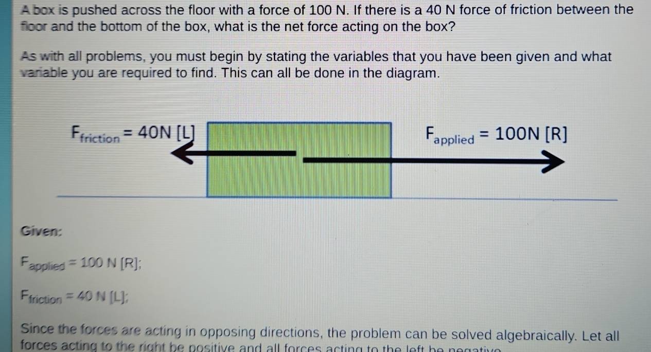 A box is pushed across the floor with a force of 100 N. If there is a 40 N force of friction between the
floor and the bottom of the box, what is the net force acting on the box?
As with all problems, you must begin by stating the variables that you have been given and what
vanable you are required to find. This can all be done in the diagram.
Given:
F_applied=100N[R];
F_friction=40N[L];
Since the forces are acting in opposing directions, the problem can be solved algebraically. Let all
forces acting to the right be nositive and all forces acting to the left he n