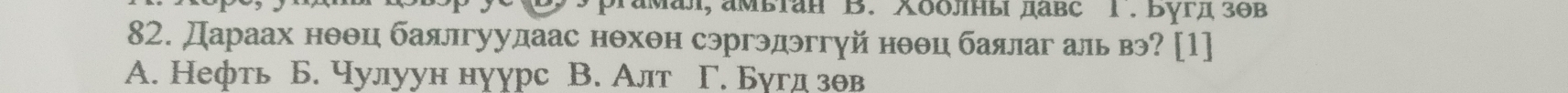 μая, амытан B. Χоолны давс 1 . Бугд зθв
82. Дараах нθθц баялгуудаас нθхθн сэргэдэггуй нθθц баялаг аль в? [1]
A. Hефть Б. Чулуун нуурс В. Алт Γ. Бугд зθв