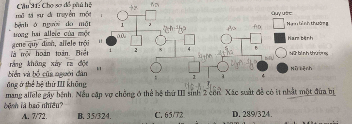 Cho sơ đồ phả hệ
mô tả sự di truyền mộ
ước:
bệnh ở người do mộ Nam bình thường
trong hai allele của mộ
gene quy định, allele trội Nam bệnh
là trội hoàn toàn. BiếtNữ bình thường
rằng không xảy ra độtNữ bệnh
biến và bố của người đàn
ông ở thế hệ thứ III không
mang allele gây bệnh. Nếu cặp vợ chồng ở thể hệ thứ III sinh 2 côn. Xác suất đề có ít nhất một đứa bị
bệnh là bao nhiêu?
A. 7/72. B. 35/324. C. 65/72. D. 289/324.