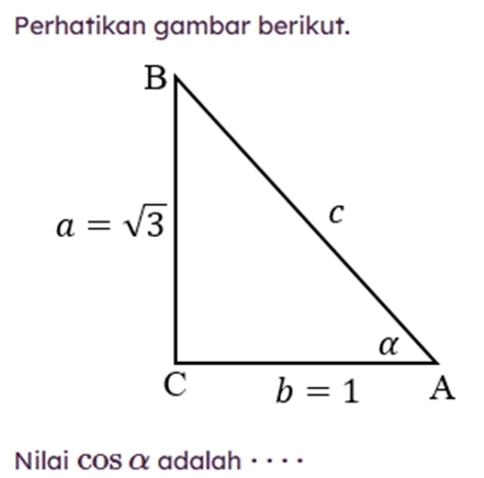 Perhatikan gambar berikut.
Nilai cos alpha adalah · · · ·