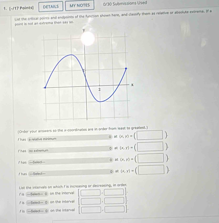 DETAILS MY NOTES 0/30 Submissions Used
List the critical points and endpoints of the function shown here, and classify them as relative or absolute extrema. If a
point is not an extrema then say so.
(Order your answers so the x-coordinates are in order from least to greatest.)
f has a relative minimum
at (x,y)=(□ ).
at (x,y)=(□ ). 
f hasno extremum
at (x,y)=(□ ). 
f has ---Select---
f has —Select—
at (x,y)=(□ ). 
List the intervals on which f is increasing or decreasing, in order.
f is ===Select=== 。 on the interval (□ , ,□ ]
f is ===Select=== on the interval [□ , ,□ ]. 
fis ===Select=== on the interval □ □ ]