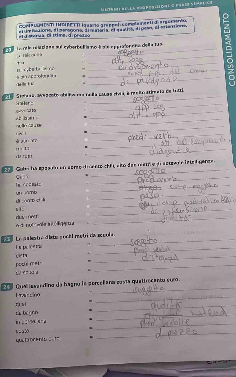 COMPLEMENTI INDIRETTI (quarto gruppo): complementi di argomento, 
di limitazione, di paragone, di materia, di qualità, di peso, di estensione, 
di distanza, di stima, di prezzo
20 La mia relazione sul cyberbullismo è più approfondita della tua. 
π 
La relazione 
= 
mia 
_ 
sul cyberbullismo =_ 
_ 
è più approfondita =_ 
della tua 
= 
_ 
21 Stefano, avvocato abilissimo nelle cause civili, è molto stimato da tutti. 
Stefano =_ 
avvocato 
_= 
abilissimo =_ 
nelle cause =_ 
civili 
è stimato 
_ 
= 
molto 
_ 
= 
= 
da tutti 
= 
_ 
22 Gabri ha sposato un uomo di cento chili, alto due metri e di notevole intelligenza. 
Gabri 
ha sposato 
_ 
= 
_ 
un uomo 
_ 
= 
di cento chili = 
_ 
= 
alto 
due metri =_ 
_ 
= 
_ 
e di notevole intelligenza = 
_ 
23 La palestra dista pochi metri da scuola. 
La palestra =_ 
dista 
pochi metri 
_ 
= 
da scuola = 
_ 
= 
24 Quel lavandino da bagno in porcellana costa quattrocento euro. 
Lavandino 
= 
_ 
quel 
= 
_ 
da bagno 
in porcellana 
_ 
= 
_ 
costa 
_ 
、 
_ 
= 
quattrocento euro =