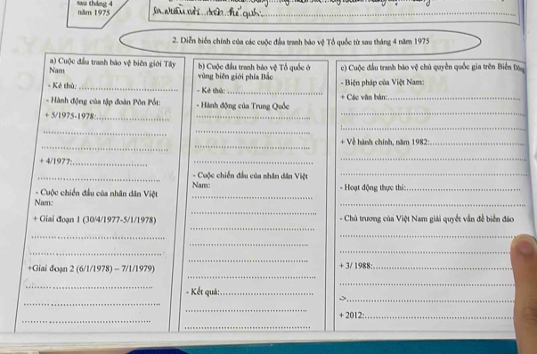 sau tháng 4 năr 1975 
_ 
2. Diễn biển chính của các cuộc đầu tranh bảo vệ Tổ quốc từ sau tháng 4 năm 1975 
a) Cuộc đầu tranh báo vệ biên giới Tây b) Cuộc đầu tranh bào vệ Tổ quốc ở 
Nam vùng biên giới phía Bắc c) Cuộc đầu tranh báo vệ chủ quyền quốc gia trên Biển Đô 
- Kẻ thủ: _- Kẻ thủ: _- Biện pháp của Việt Nam: 
_ 
- Hành động của tập đoàn Pôn Pốt: - Hành động của Trung Quốc + Các văn bản:_ 
+ 5/1975-1978:_ 
_ 
_ 
_ 
_ 
_ 
_ 
+ Về hành chính, năm 1982:_ 
+ 4/1977:_ 
_ 
_ 
_ - Cuộc chiến đầu của nhân dân Việt 
_ 
_ 
- Cuộc chiến đầu của nhân dân Việt _ Nam: - Hoạt động thực thi:_ 
Nam: 
_ 
_ 
+ Giai đoạn 1 (30/4/1977-5/1/1978) - Chủ trương của Việt Nam giải quyết vẫn đề biển đảo 
_ 
_ 
_ 
_ 
_ 
_ 
_ 
+Giai đoạn 2 (6/1/1978) - 7/1/1979) + 3/ 1988:_ 
_ 
_ 
- Kết quả:_ 
_ 
_ 
_ 
_ 
+ 2012:_ 
_