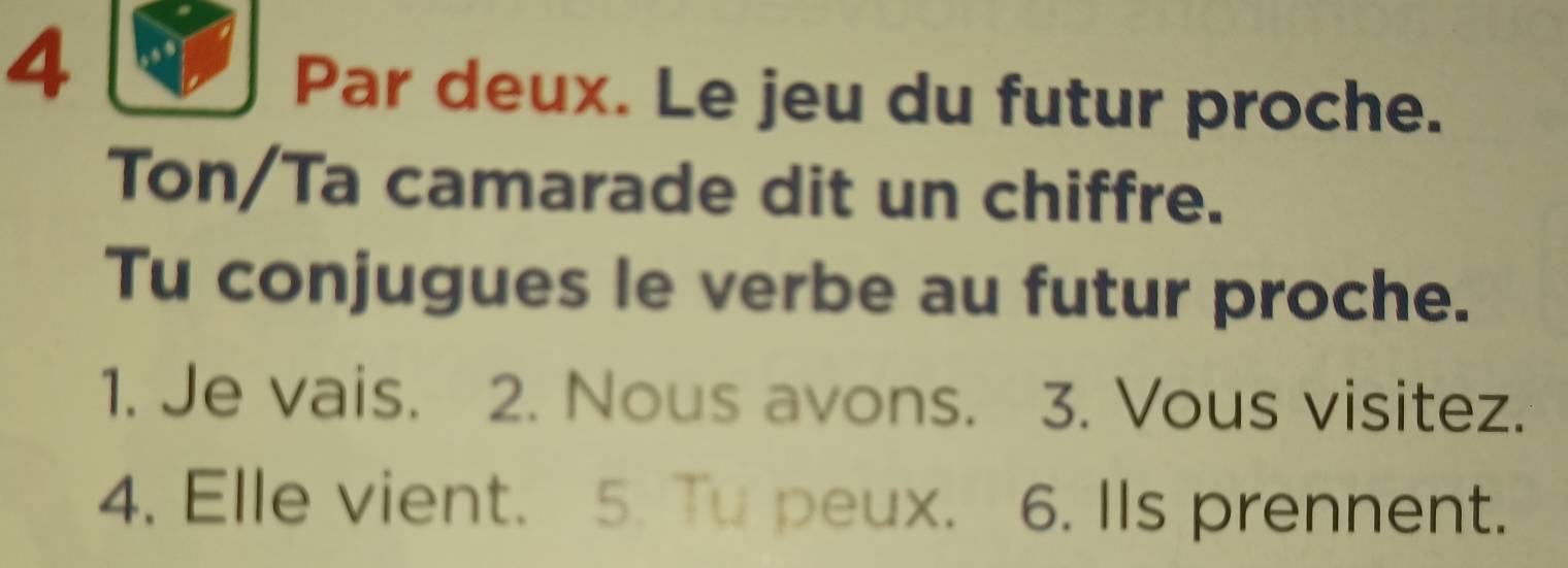 Par deux. Le jeu du futur proche. 
Ton/Ta camarade dit un chiffre. 
Tu conjugues le verbe au futur proche. 
1. Je vais. 2. Nous avons. 3. Vous visitez. 
4. Elle vient. 5. Tu peux. 6. IIs prennent.