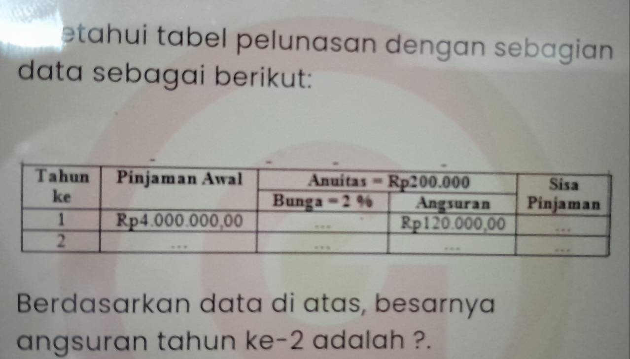 etahui tabel pelunasan dengan sebagian 
data sebagai berikut:
Berdasarkan data di atas, besarnya
angsuran tahun ke-2 adalah ?.