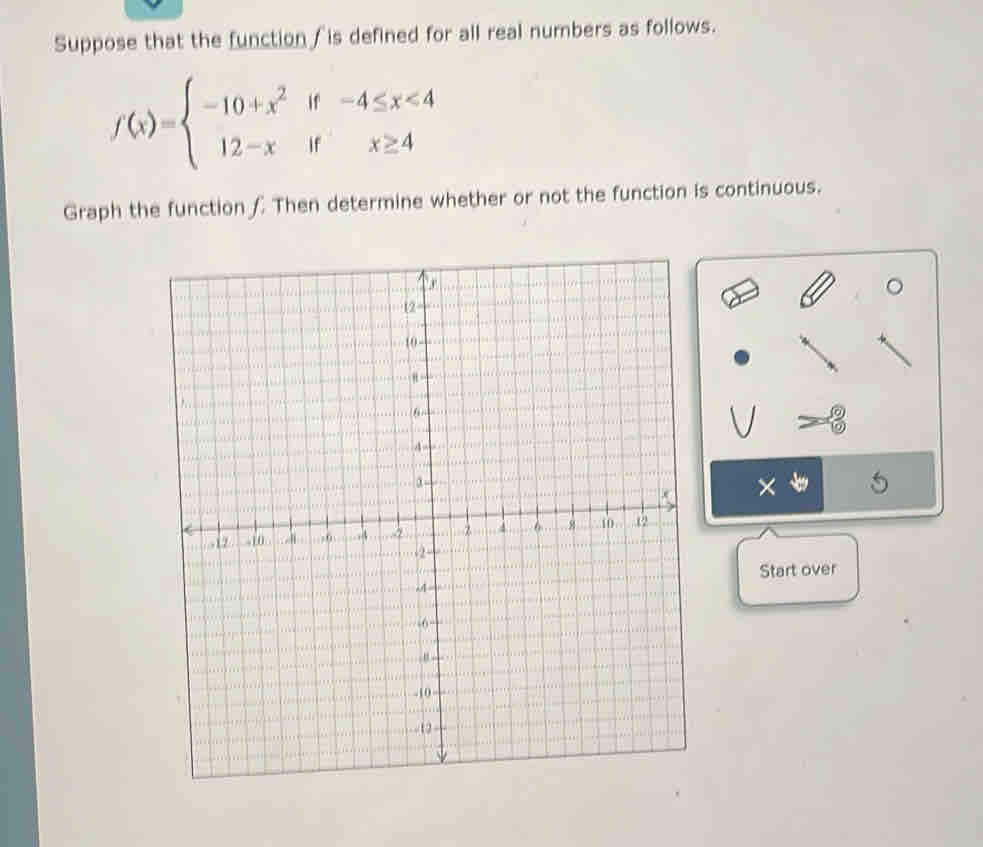 Suppose that the function / is defined for all real numbers as follows.
f(x)=beginarrayl -10+x^2if-4≤ x<4 12-xifx≥ 4endarray.
Graph the function £ Then determine whether or not the function is continuous.
8
5
Start over