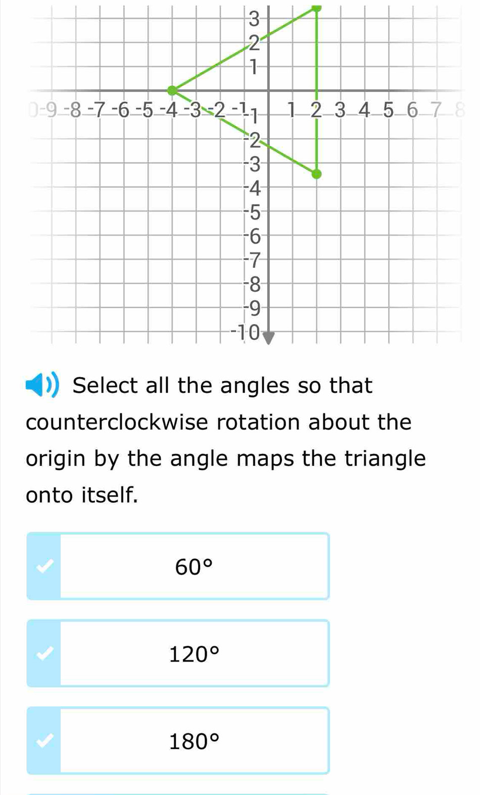 counterclockwise rotation about the 
origin by the angle maps the triangle 
onto itself.
60°
120°
180°