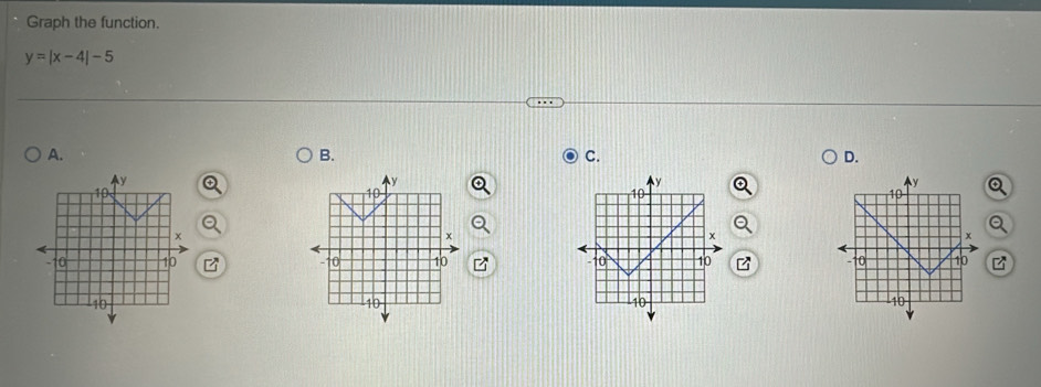 Graph the function.
y=|x-4|-5
A. 
B. 
C. 
D.