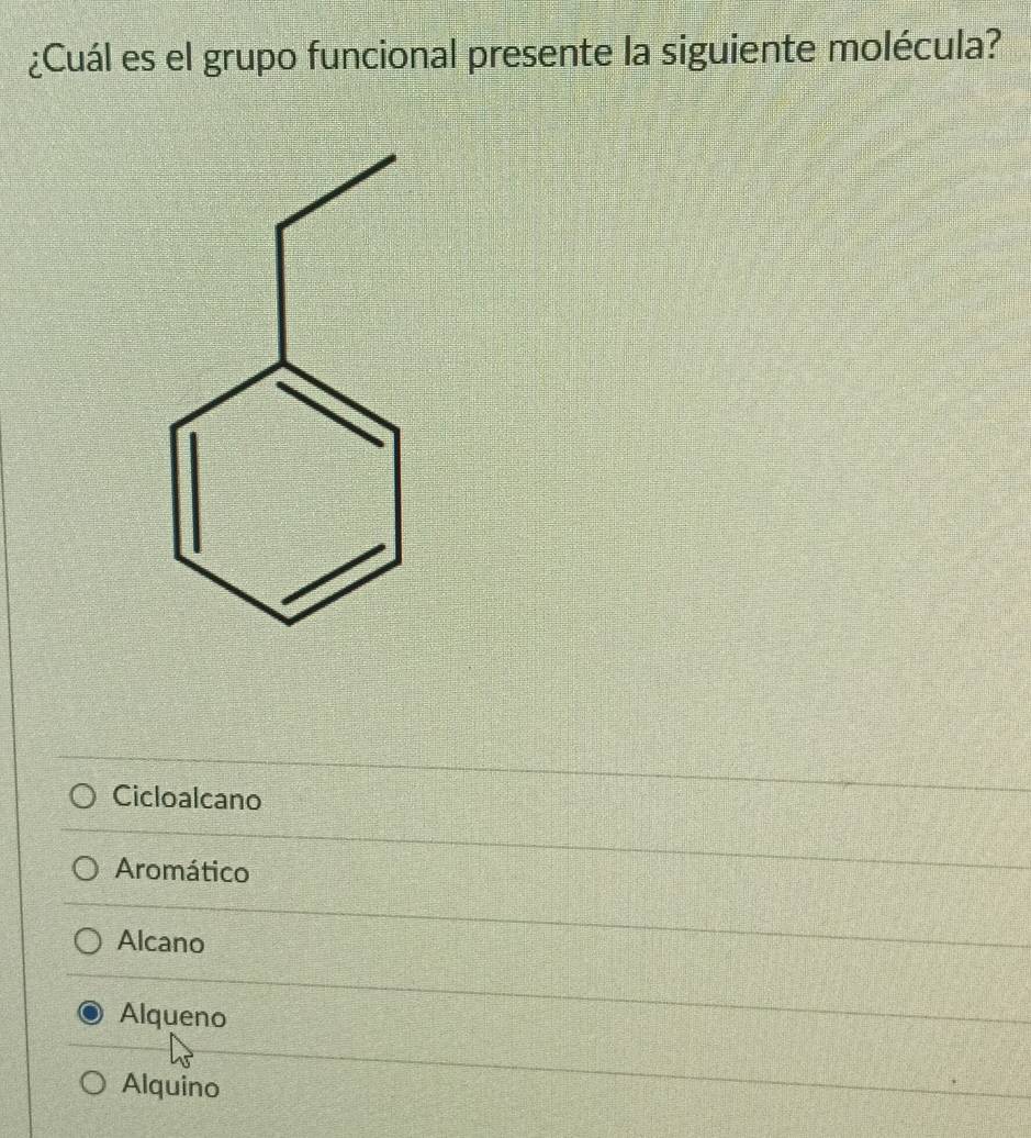 ¿Cuál es el grupo funcional presente la siguiente molécula?
Cicloalcano
Aromático
Alcano
Alqueno
Alquino