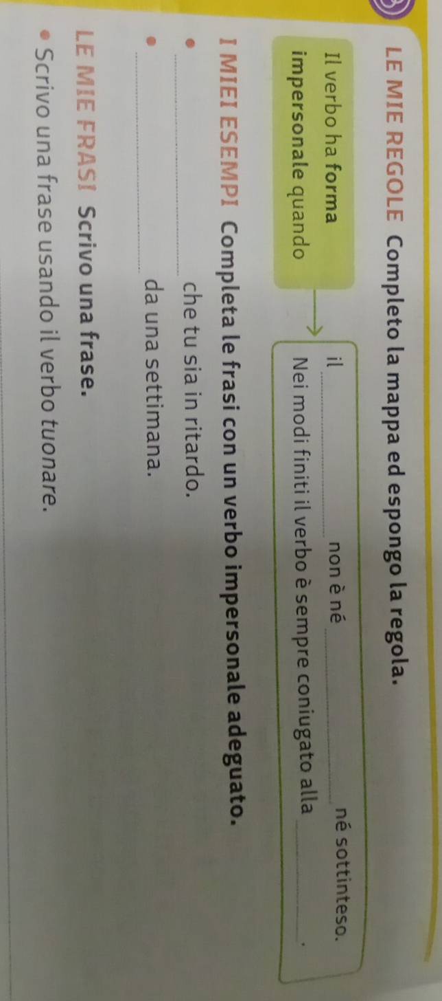 LE MIE REGOLE Completo la mappa ed espongo la regola. 
Il verbo ha forma il _non è né_ 
né sottinteso. 
impersonale quando Nei modi finiti il verbo è sempre coniugato alla_ 
I MIEI ESEMPI Completa le frasi con un verbo impersonale adeguato. 
_ 
che tu sia in ritardo. 
_ 
da una settimana. 
LE MIE FRASI Scrivo una frase. 
Scrivo una frase usando il verbo tuonare.